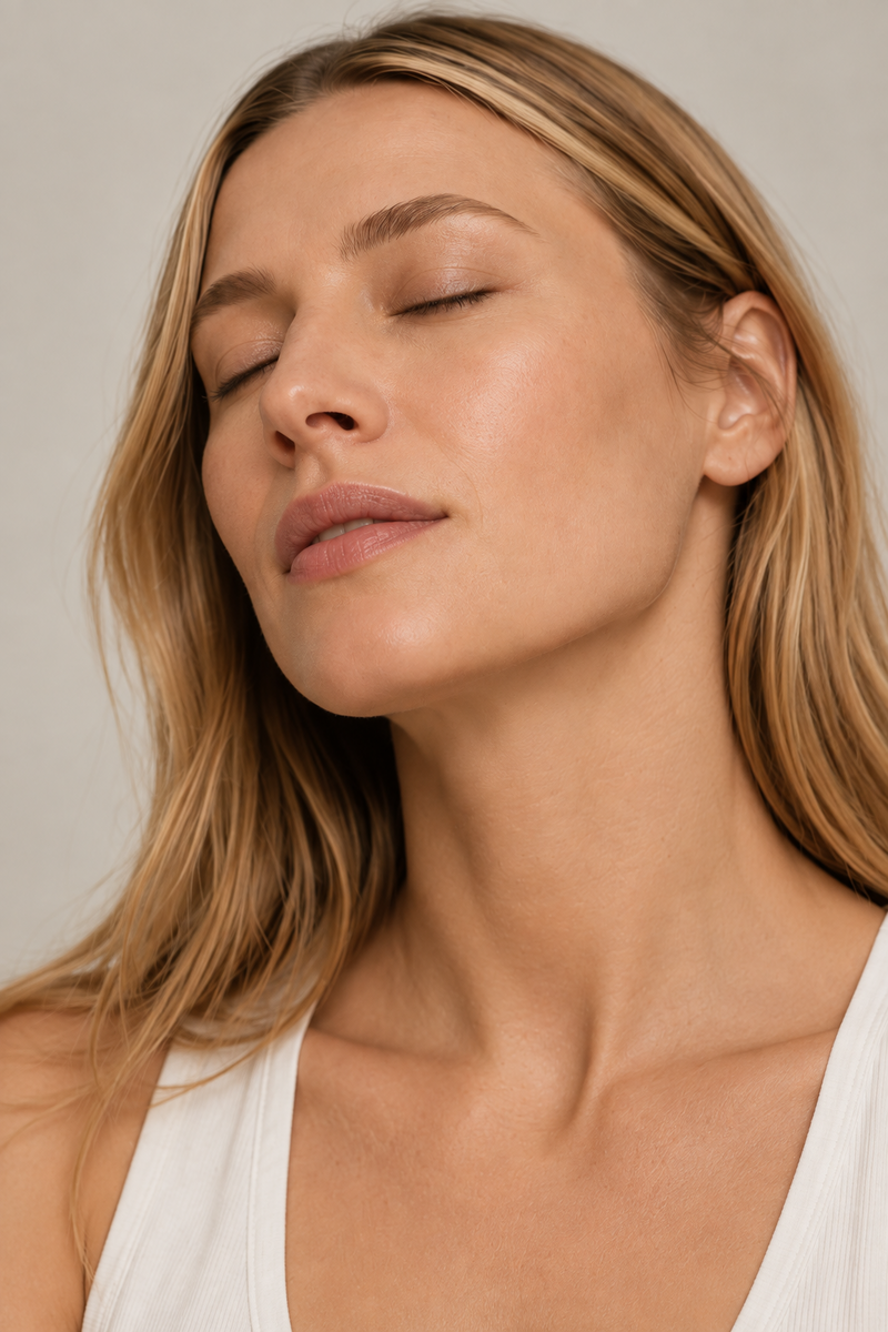 NAYA model with eyes closed for CALM skin state.