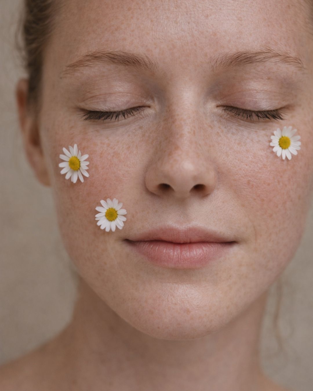 women face with little daisies