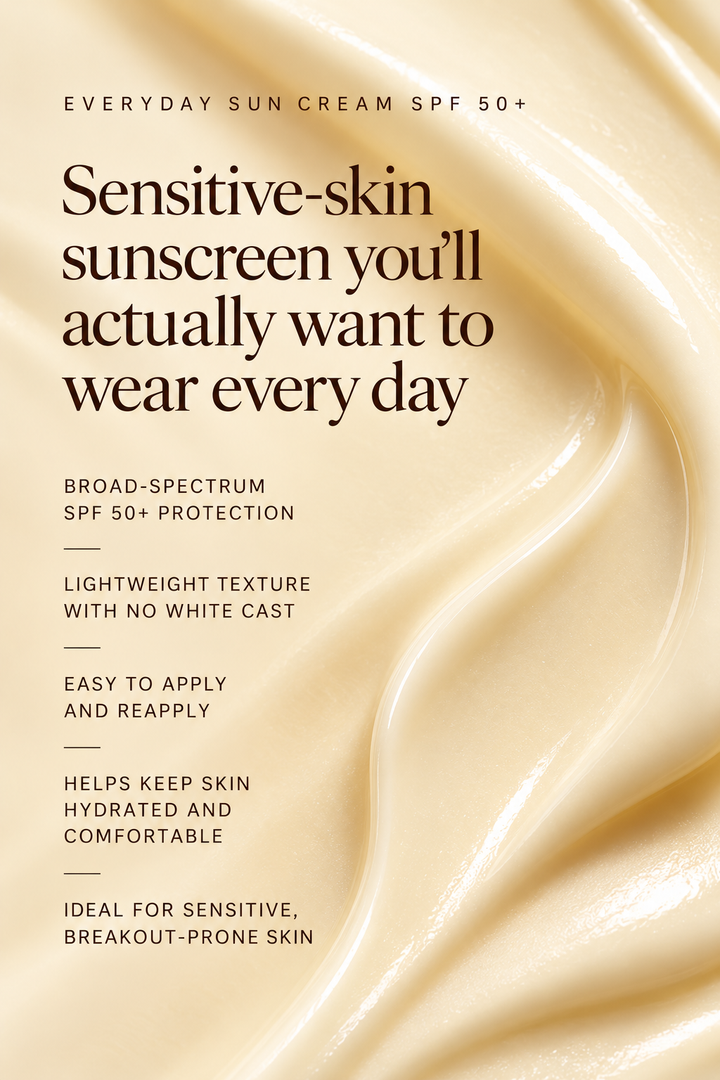 Everyday Sun Cream SPF 50+ key benefits: broad-spectrum protection with a lightweight texture that hydrates sensitive, breakout-prone skin.