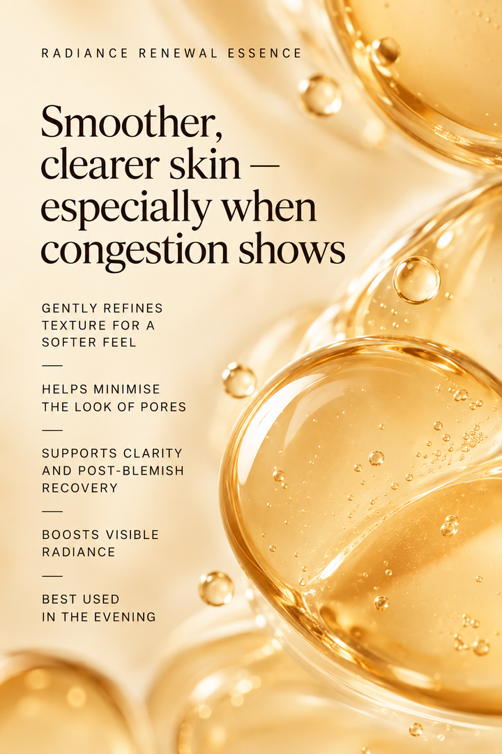 Radiance Renewal Essence key benefits: gently refines texture and pores, supports post-blemish recovery and boosts visible radiance.
