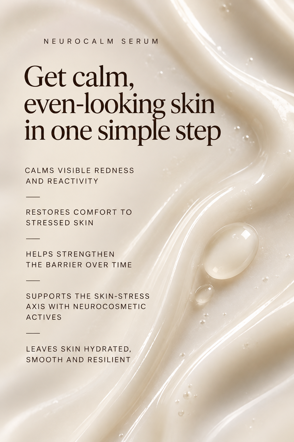NeuroCalm Serum key benefits: calms visible redness and reactivity, restores comfort and supports the skin barrier.