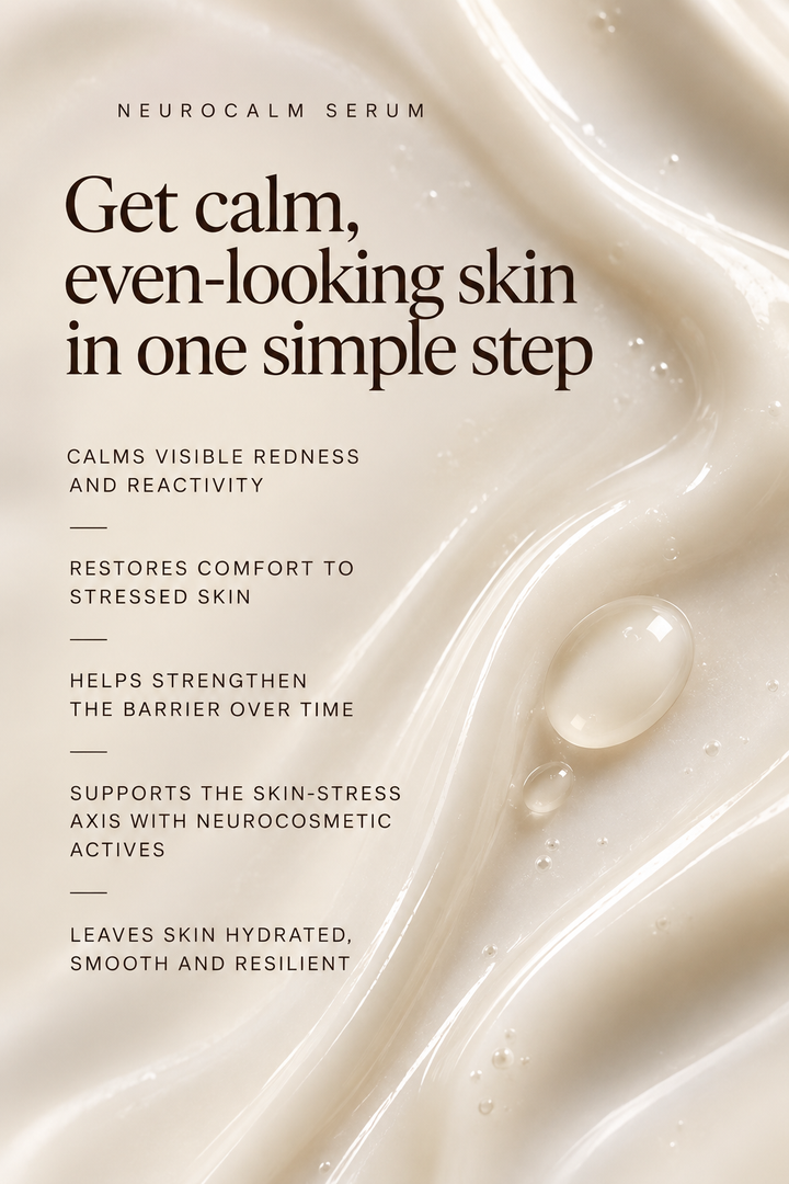 NeuroCalm Serum key benefits: calms visible redness and reactivity, restores comfort and supports the skin barrier.