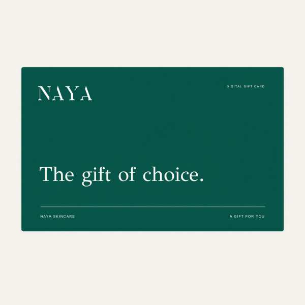 NAYA Digital Gift Card featuring the authentic white NAYA logo on deep evergreen. The gift of choice.