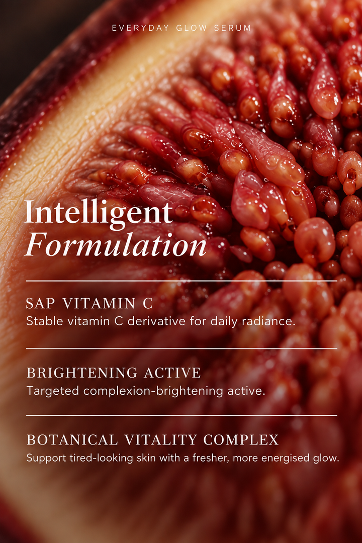 Close-up of a halved fruit with red and pink flesh and seeds, overlaid with text reading 'Intelligent Formulation' and product claims including 'SAP VITAMIN C' and 'BRIGHTENING ACTIVE'.