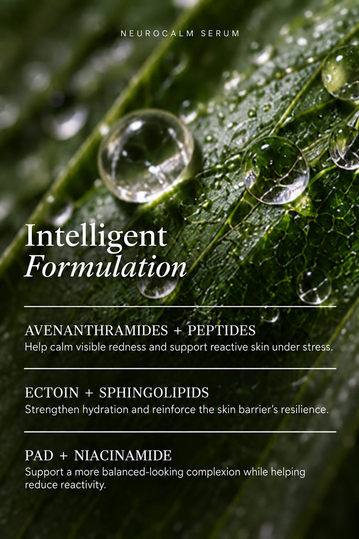 A close-up of a green leaf covered with water droplets, with white text reading 'Neurocalm Serum' and 'Intelligent Formulation' plus ingredient claims about avenanthramides, peptides, ectoin, sphingolipids, and niacinamide.