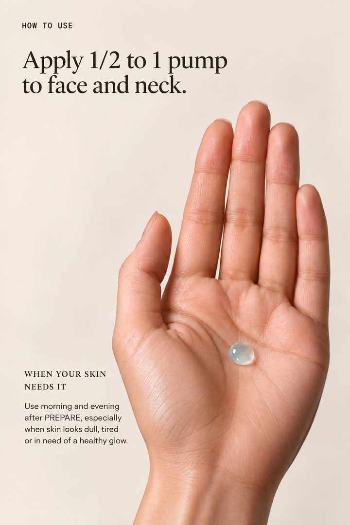 A hand holding a small clear gel droplet with text instructions on how to apply a skincare product to the face and neck.