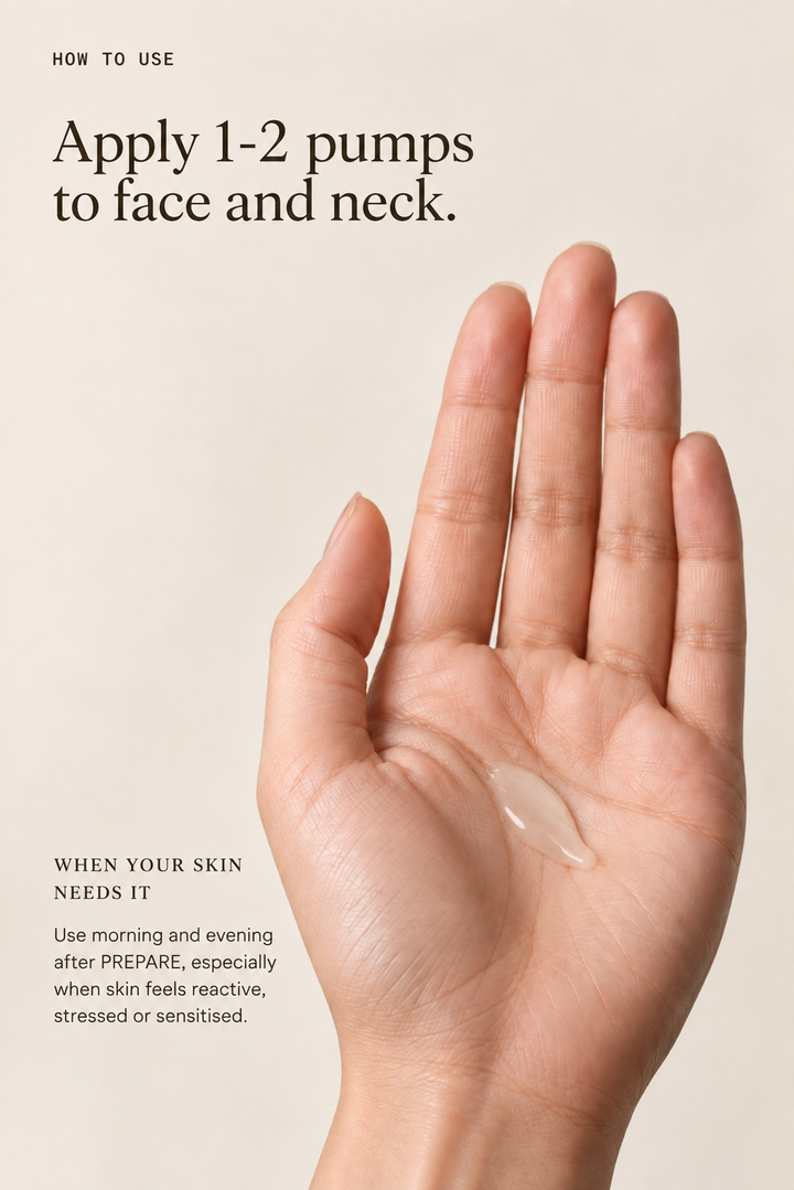Instructional beauty graphic showing a hand with a small smear of clear gel and text that says 'Apply 1-2 pumps to face and neck.' on a warm beige background.