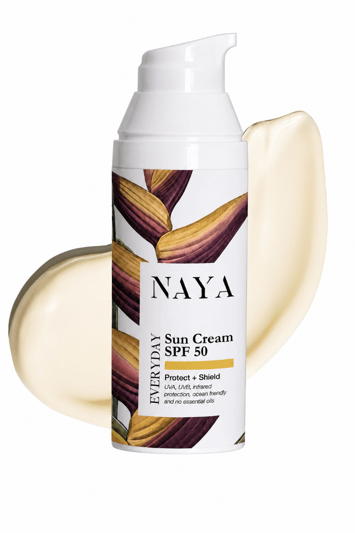 NAYA Everyday Sun Cream SPF 50 pump bottle with a white cap, decorated with botanical graphics, shown against a white background with a beige cream smear behind it.