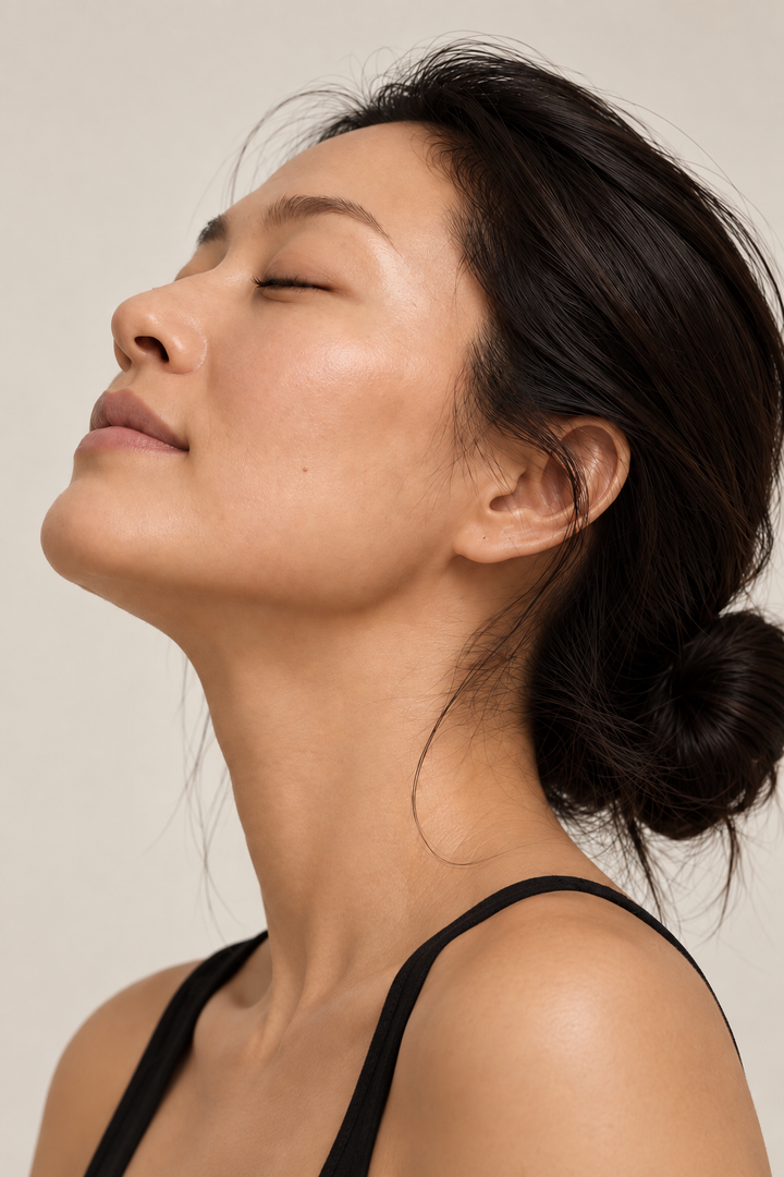 A close-up portrait of a woman with her eyes closed and head tilted back, wearing a black spaghetti-strap top against a plain light beige background.