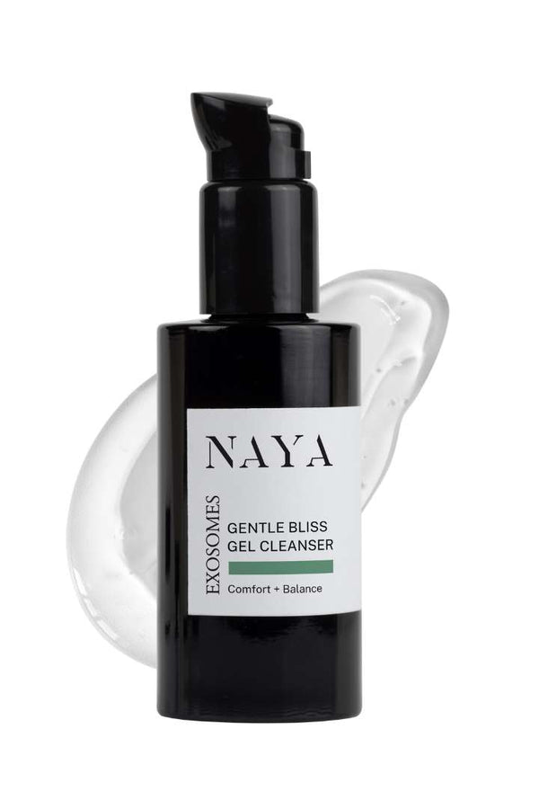 A pump bottle of NAYA EXOSOMES Gentle Bliss Gel Cleanser with a white liquid visible at the nozzle.
