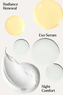 Cosmetic products labeled 'Exo Serum', 'Radiance Renewal', and 'Night Comfort' on a white background.