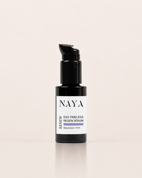 NAYA Renew Exo Timeless Regen Serum in a black pump bottle with a white label, set against a solid light beige background.