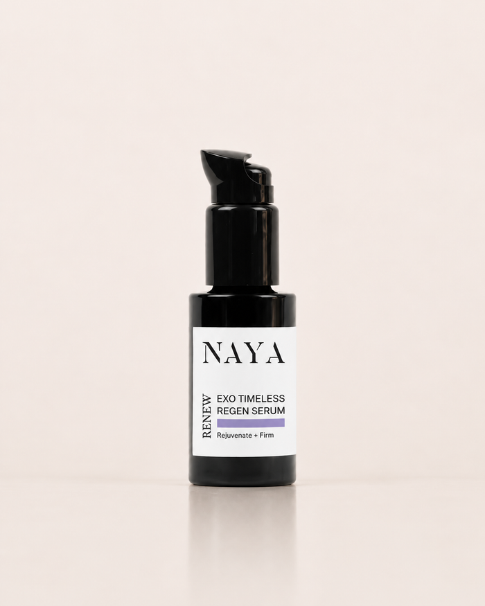 NAYA Renew Exo Timeless Regen Serum in a black pump bottle with a white label, set against a solid light beige background.