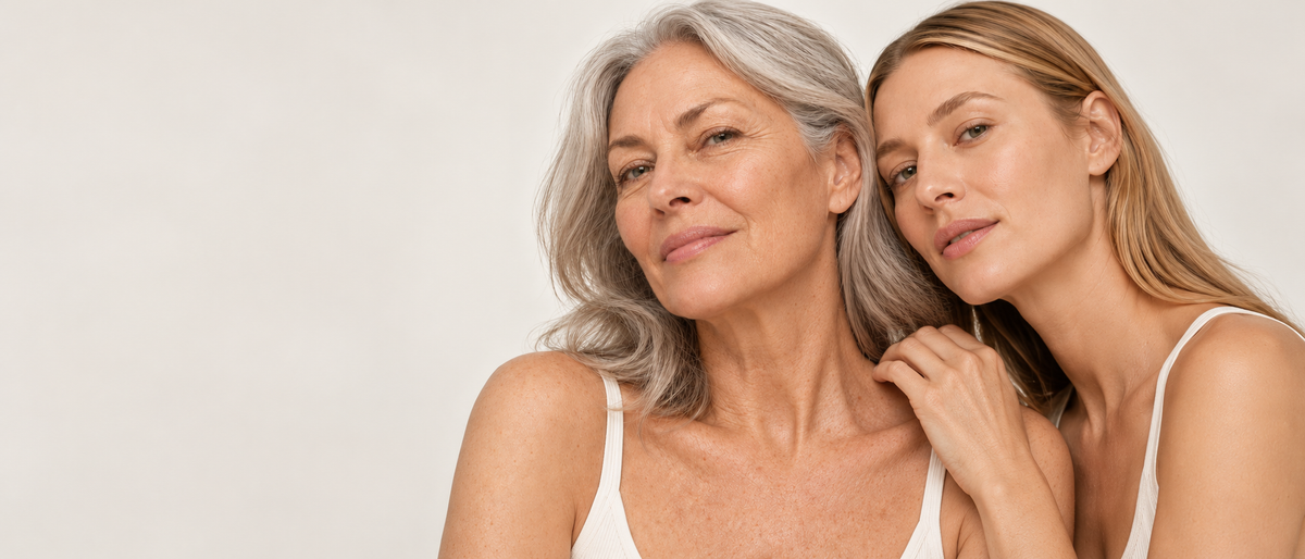 NAYA Eye Care editorial portrait of approved mature silver-haired model and blonde model in soft studio light