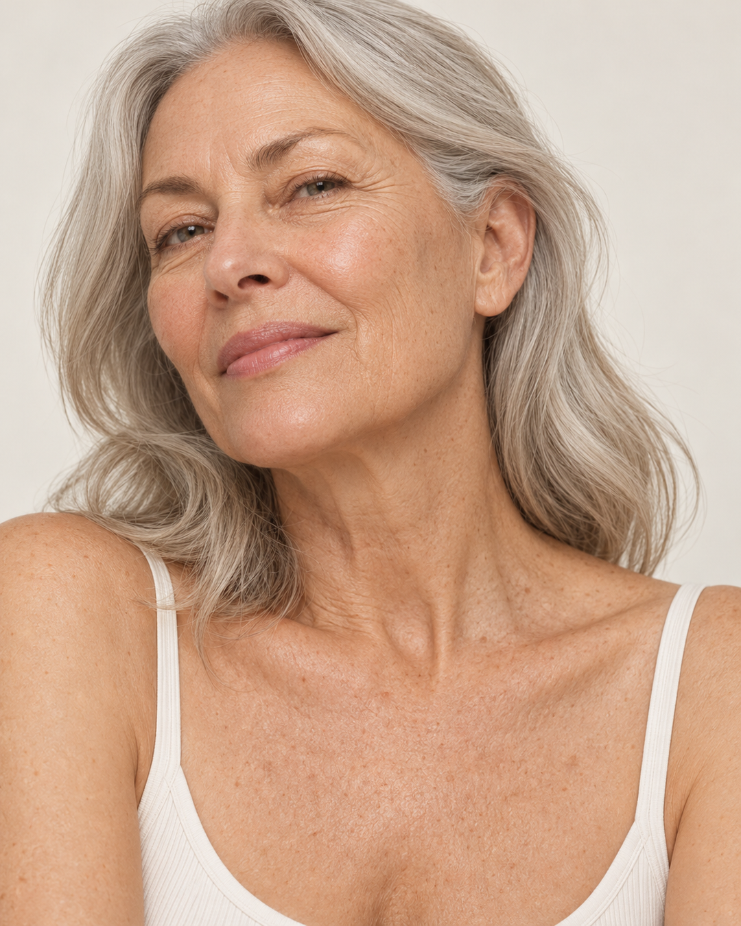 NAYA silver-haired mature woman portrait with natural skin texture