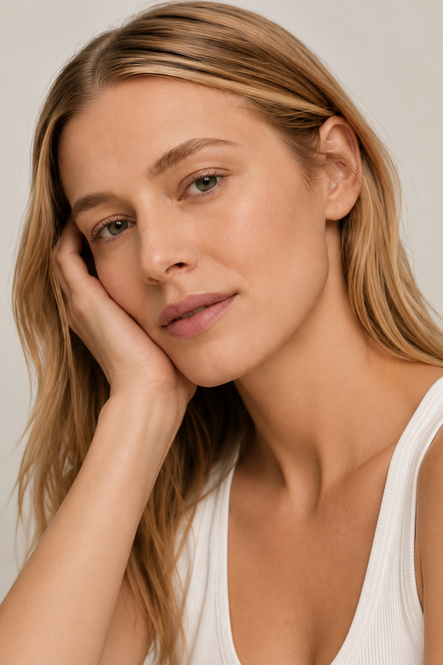 NAYA model with hand resting against face for MAINTAIN skin state.