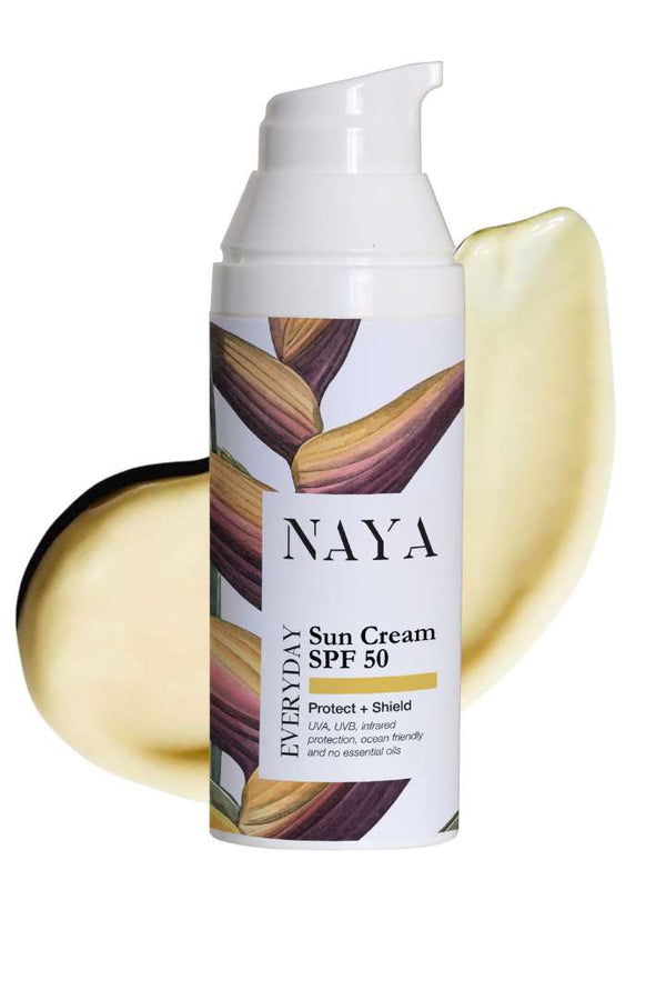 Naya Sun Cream SPF 50 bottle with a white pump on a white background