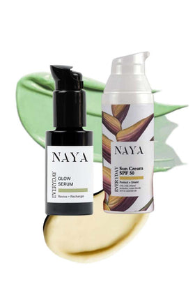 NAYA Glowy Sunshine Duo with the products included in the skincare routine.