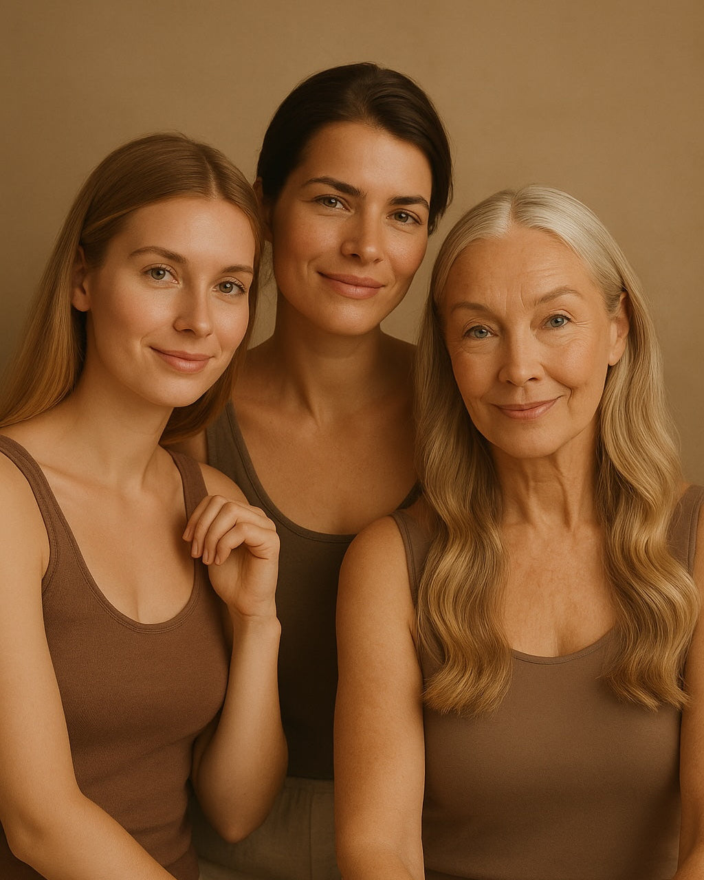 Three women of different ages wearing matching brown tank tops against a beige background