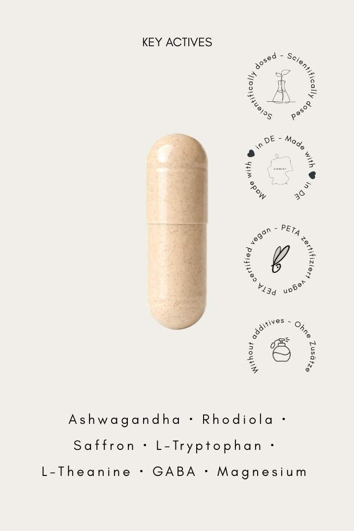 Beige capsule with key active ingredients listed on a white background