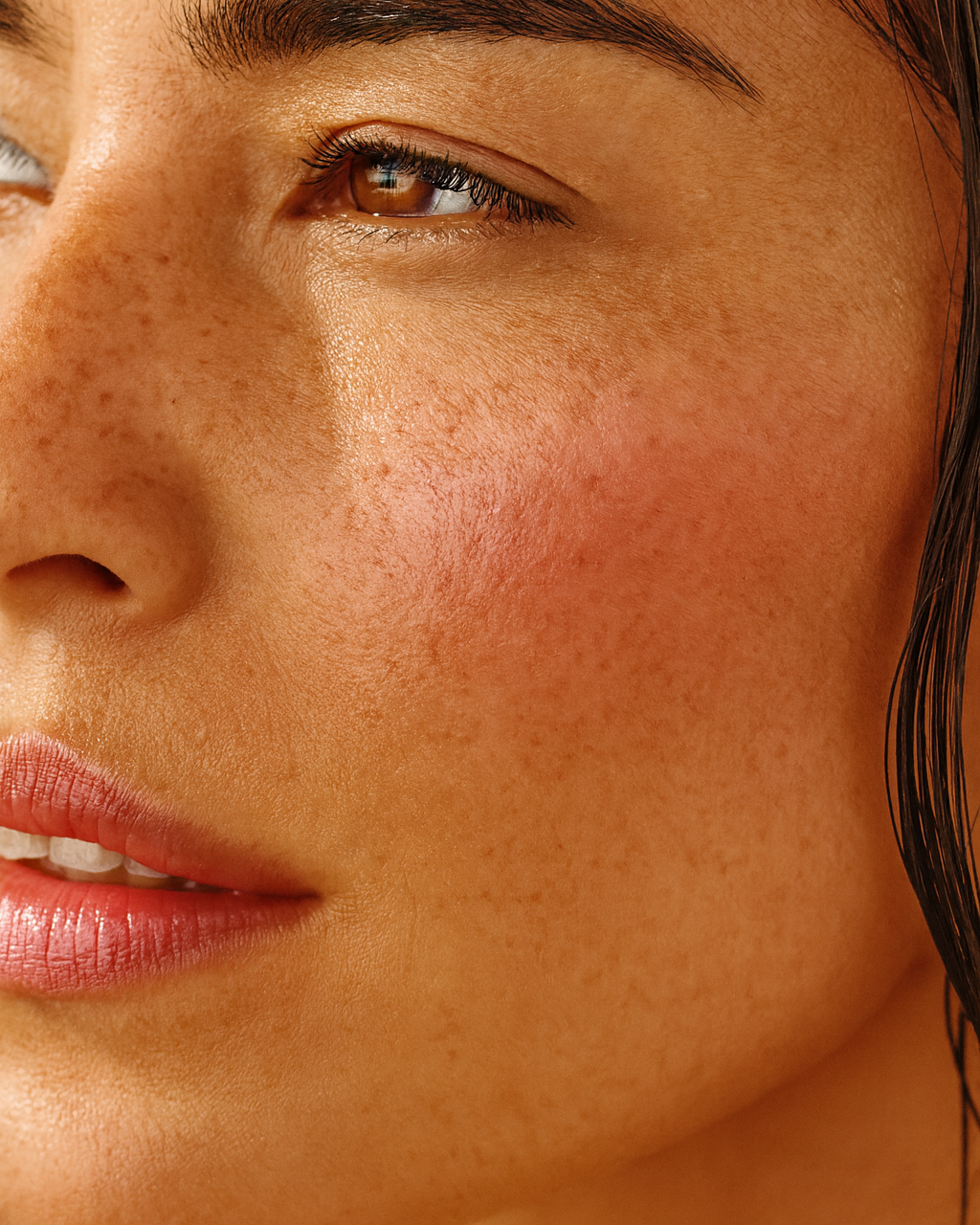 Close-up of a woman's face with a focus on her skin texture.