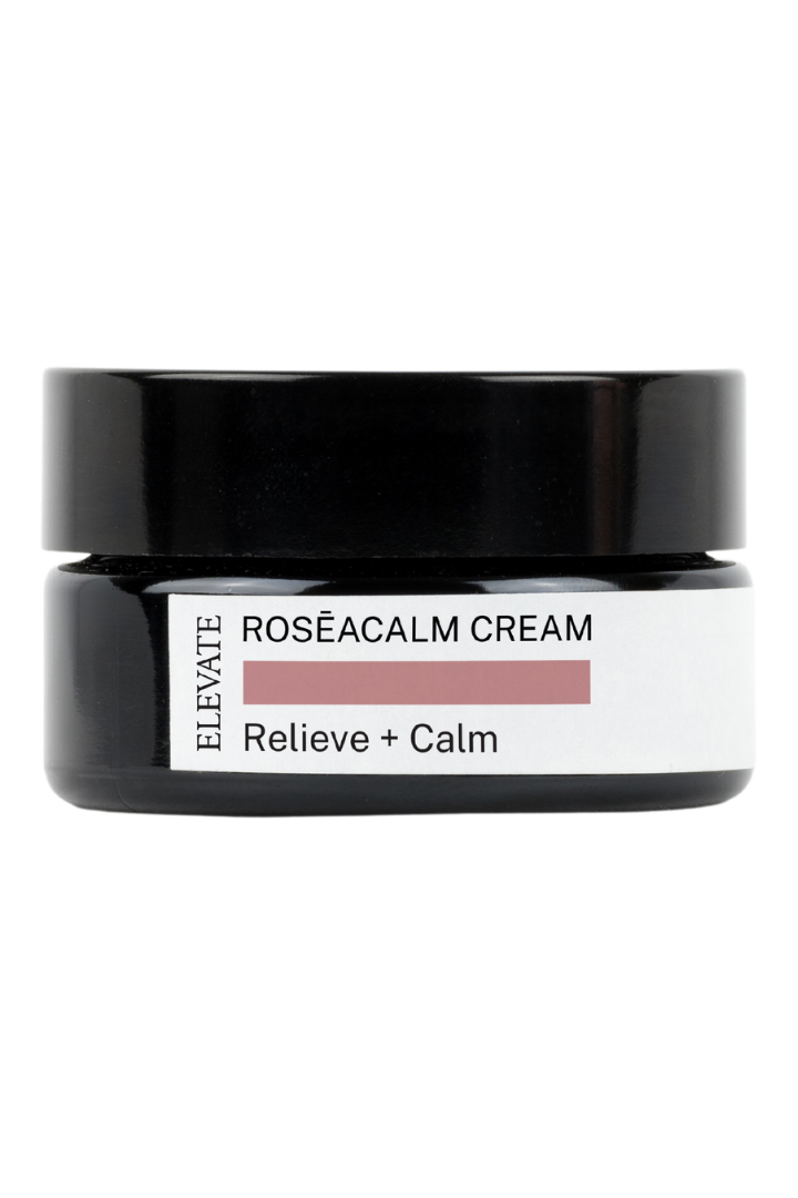 Jar of Roséacalm Cream with black lid on a white background